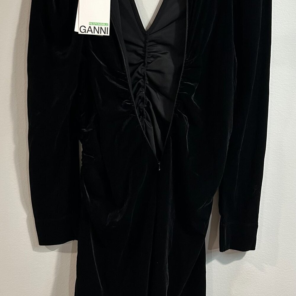 Ganni Velvet Jersey Gathered Mini Dress | Black / 44/US12 - Picture 5 of 11